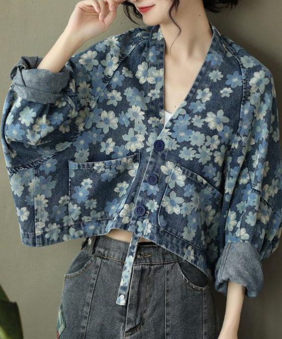 Italian Blue Print Denim Long sleeve V Neck Top