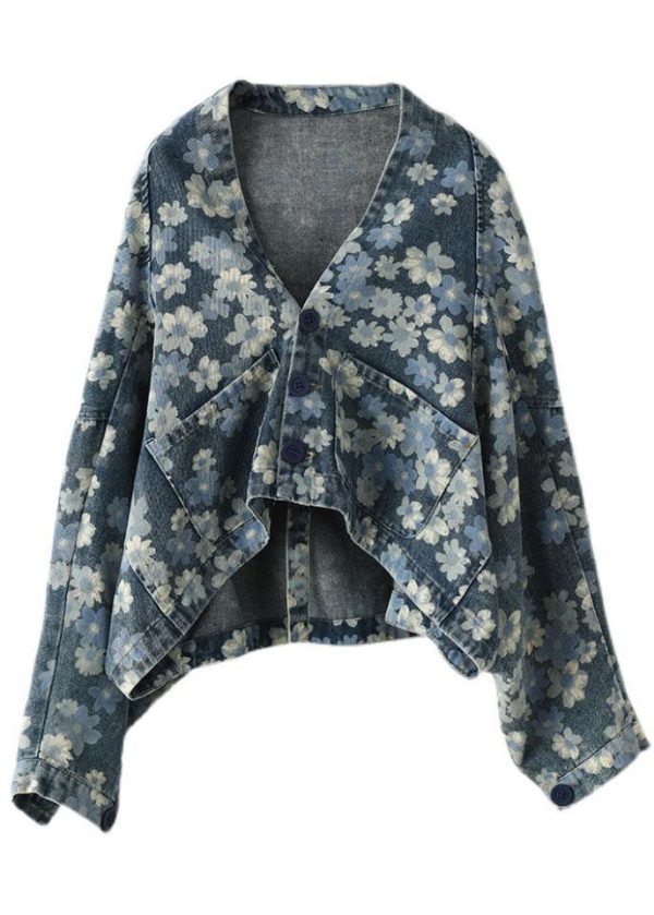 Italian Blue Print Denim Long sleeve V Neck Top - Image 5