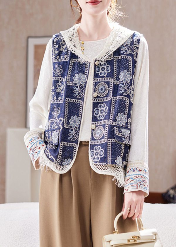 Italian Blue V Neck Print Hollow Out Denim Waistcoat Sleeveless - Image 2