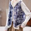 Italian Blue V Neck Print Hollow Out Denim Waistcoat Sleeveless