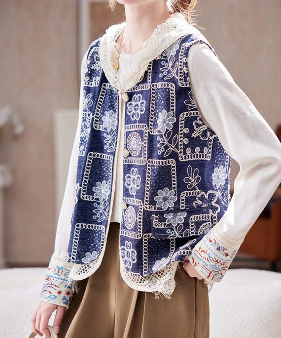 Italian Blue V Neck Print Hollow Out Denim Waistcoat Sleeveless