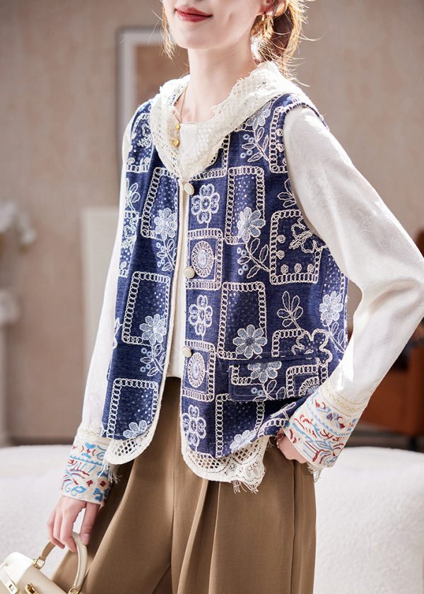 Italian Blue V Neck Print Hollow Out Denim Waistcoat Sleeveless