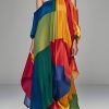 Italian Colorblock One Shoulder Asymmetrical Design Silk Dress Sleeveless