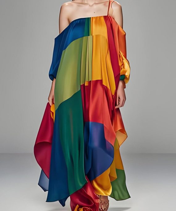 Italian Colorblock One Shoulder Asymmetrical Design Silk Dress Sleeveless