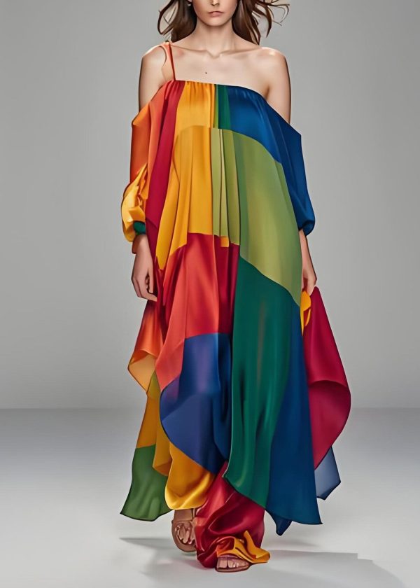Italian Colorblock One Shoulder Asymmetrical Design Silk Dress Sleeveless - Image 2