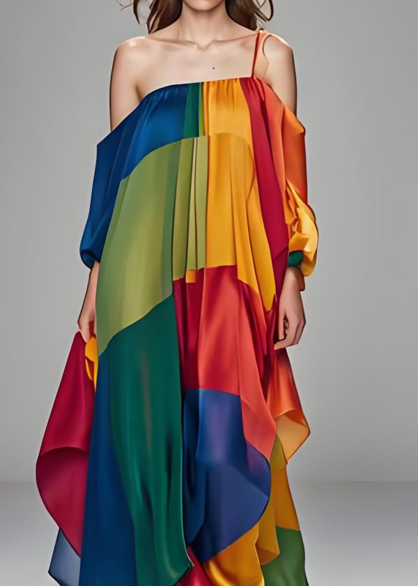 Italian Colorblock One Shoulder Asymmetrical Design Silk Dress Sleeveless - Image 3