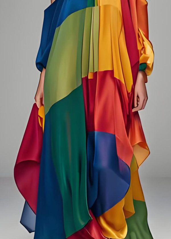 Italian Colorblock One Shoulder Asymmetrical Design Silk Dress Sleeveless - Image 4
