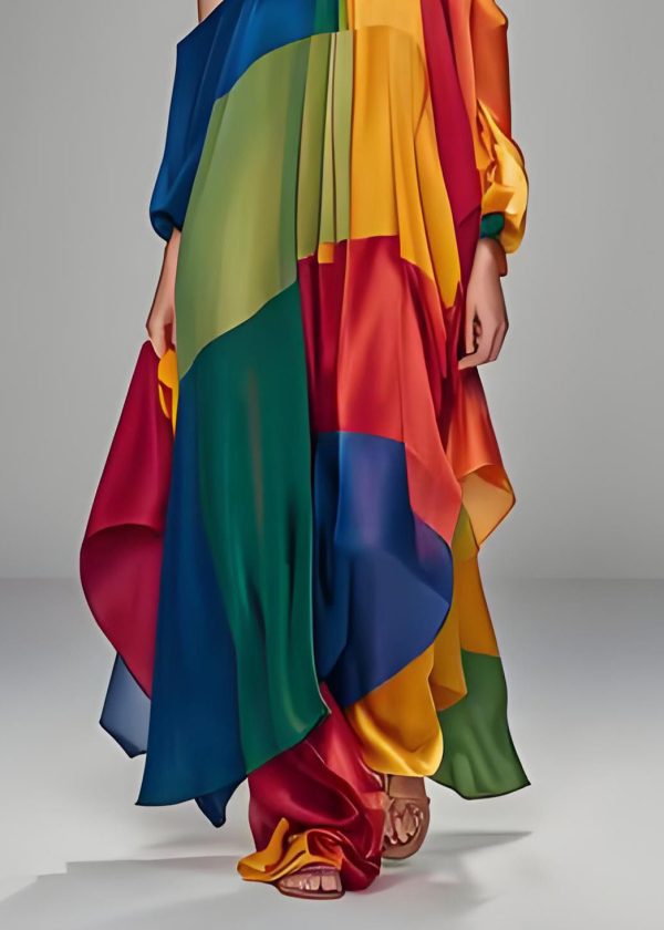 Italian Colorblock One Shoulder Asymmetrical Design Silk Dress Sleeveless - Image 5