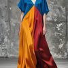 Italian Colorblock V Neck Loose Silk Long Dress Summer
