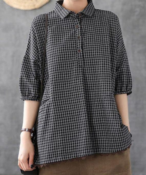 Italian Dark Grey Linen Plaid Summer Patchwork Half Sleeve