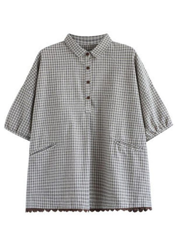 Italian Dark Grey Linen Plaid Summer Patchwork Half Sleeve - Image 5