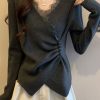 Italian Grey Asymmetrical Lace Patchwork Knit Sweaters Spring