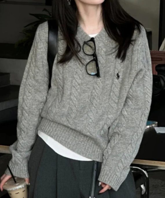 Italian Grey O Neck Cozy Warm Cable Knit Sweater Spring