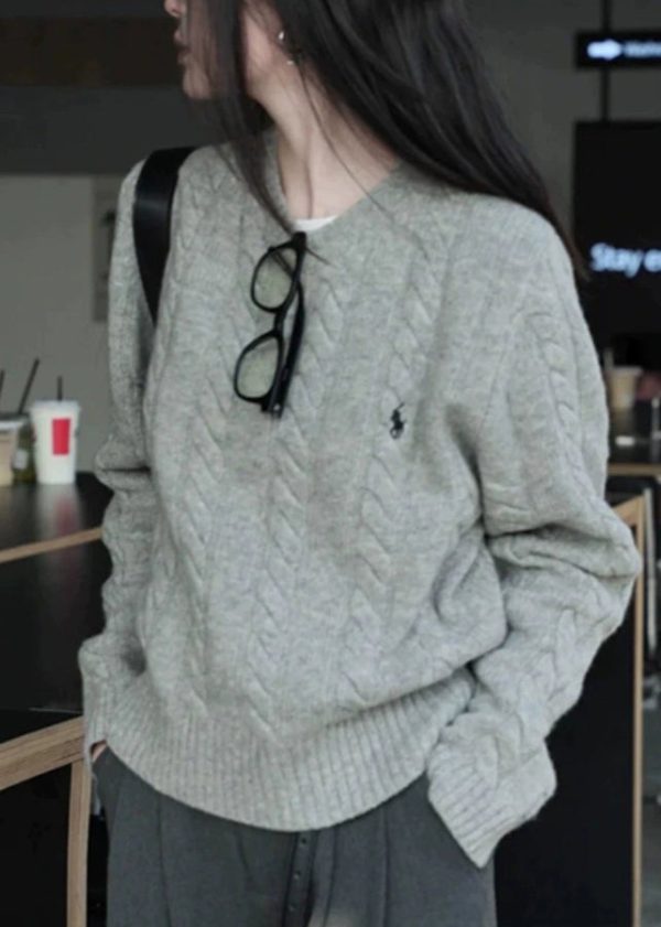 Italian Grey O Neck Cozy Warm Cable Knit Sweater Spring - Image 5