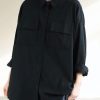 Italian Lapel Pockets Spring Tops Women Black Blouses