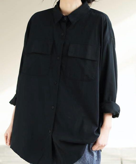 Italian Lapel Pockets Spring Tops Women Black Blouses