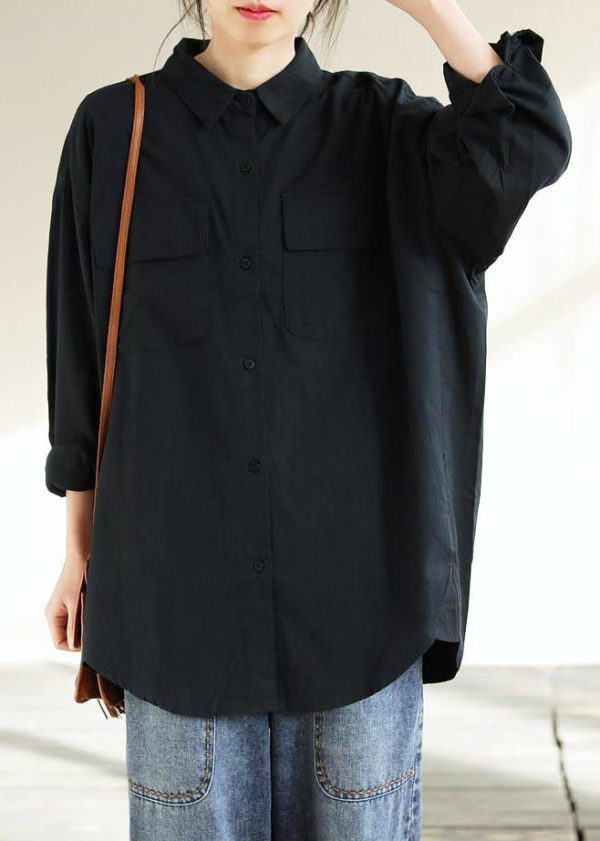 Italian Lapel Pockets Spring Tops Women Black Blouses - Image 2