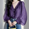 Italian Purple V Neck Ruffled Dot Chiffon Shirts Spring