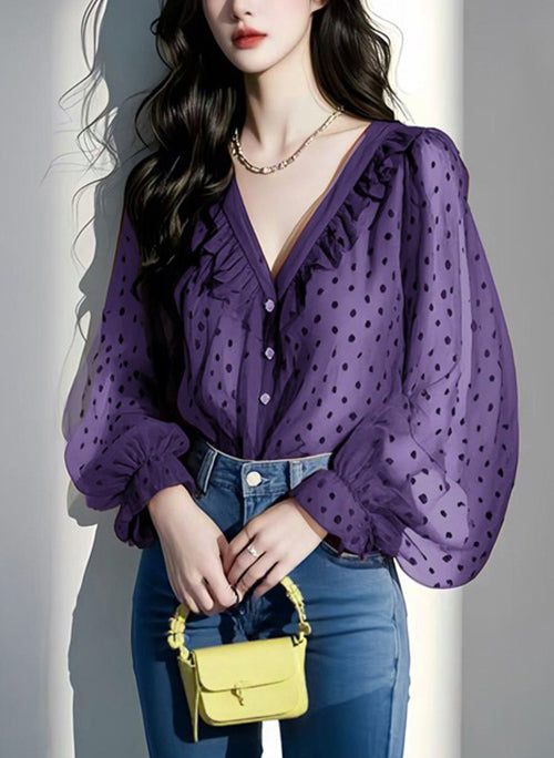 Italian Purple V Neck Ruffled Dot Chiffon Shirts Spring