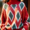 Italian Red Hign Neck Geometric Print Woolen Short Sweater Spring