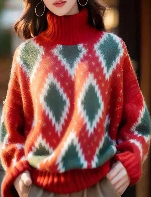 Italian Red Hign Neck Geometric Print Woolen Short Sweater Spring
