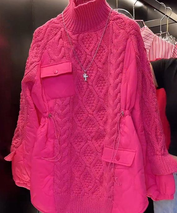 Italian Rose Drawstring Patchwork Knit Loose Sweatshirt Spring