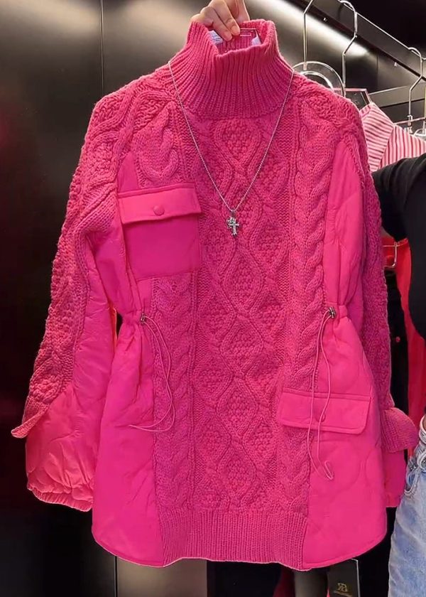 Italian Rose Drawstring Patchwork Knit Loose Sweatshirt Spring - Image 2