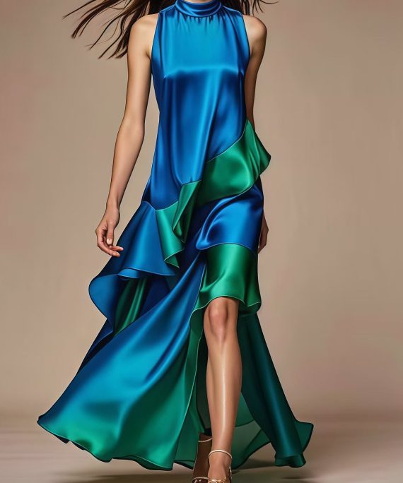 Italian Royal Blue Asymmetrical Patchwork Silk Dress Summer