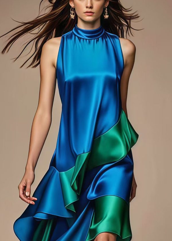 Italian Royal Blue Asymmetrical Patchwork Silk Dress Summer - Image 2