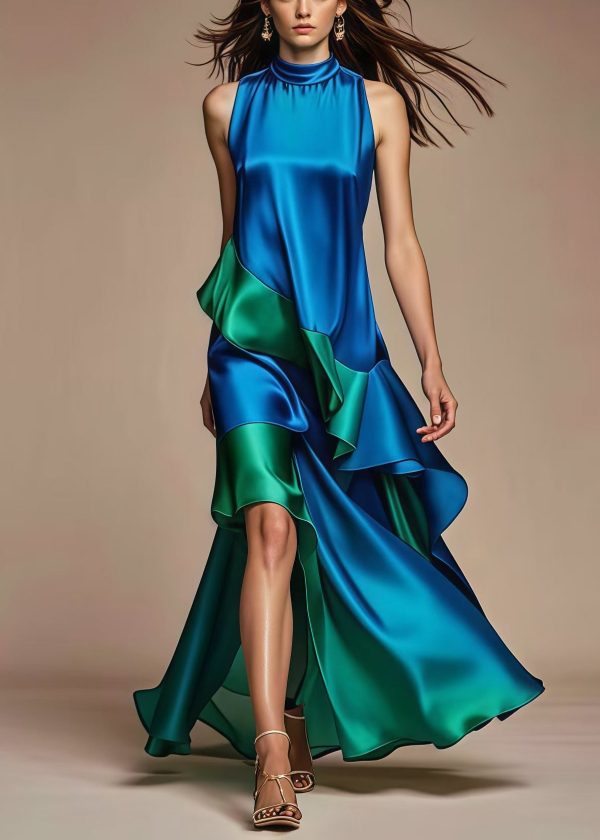 Italian Royal Blue Asymmetrical Patchwork Silk Dress Summer - Image 3