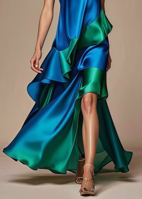 Italian Royal Blue Asymmetrical Patchwork Silk Dress Summer - Image 4
