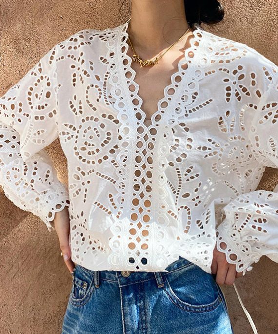 Italian White Hollow Out Cotton Shirts Spring