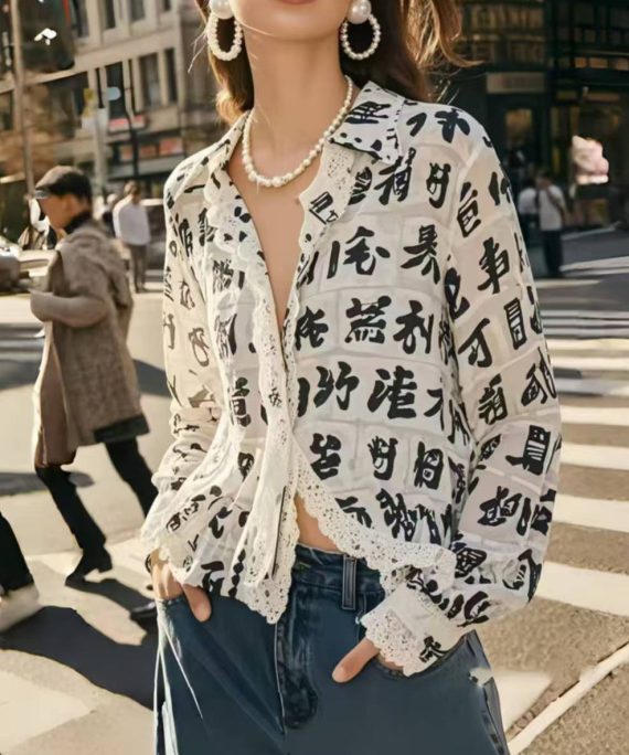 Italian White Print Lace Patchwork Chiffon Blouses Spring
