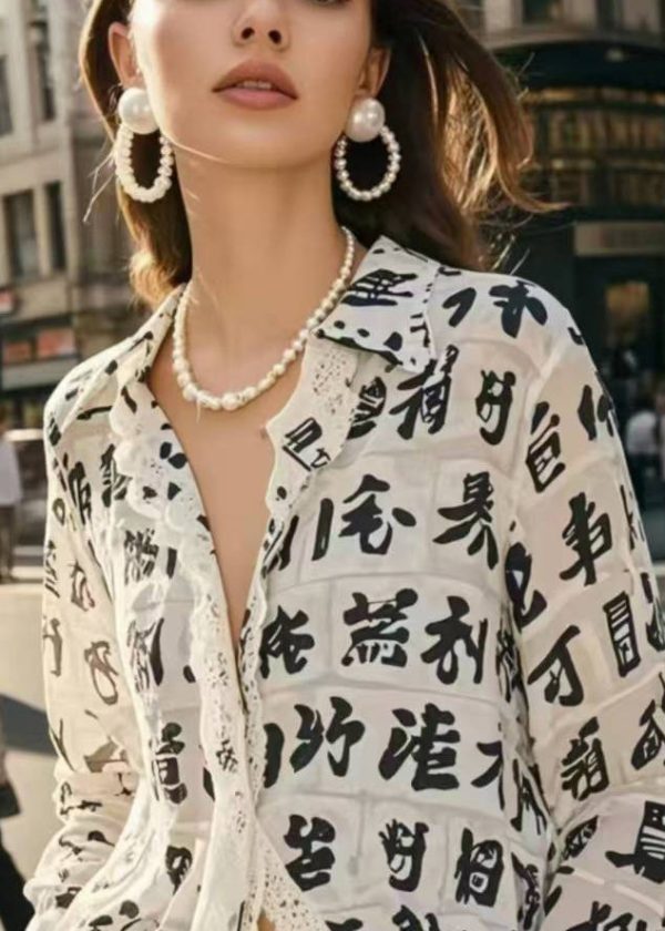 Italian White Print Lace Patchwork Chiffon Blouses Spring - Image 2