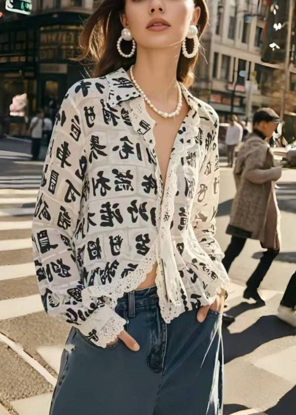 Italian White Print Lace Patchwork Chiffon Blouses Spring - Image 3