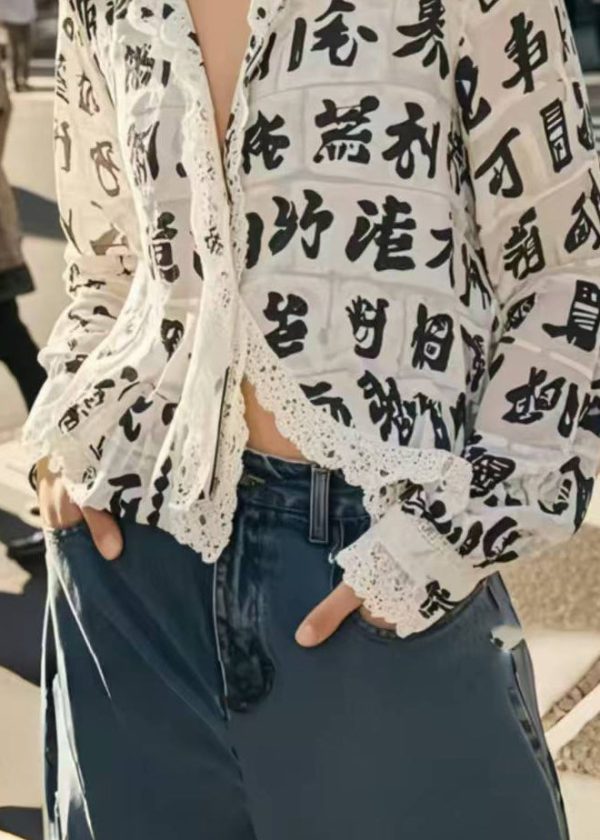 Italian White Print Lace Patchwork Chiffon Blouses Spring - Image 4
