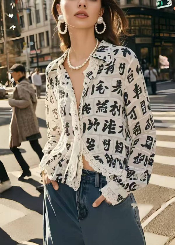 Italian White Print Lace Patchwork Chiffon Blouses Spring - Image 5
