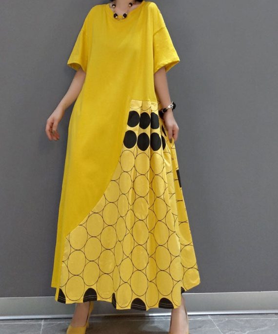 Italian Yellow O-Neck wrinkled Patchwork Maxi Dresses Spring