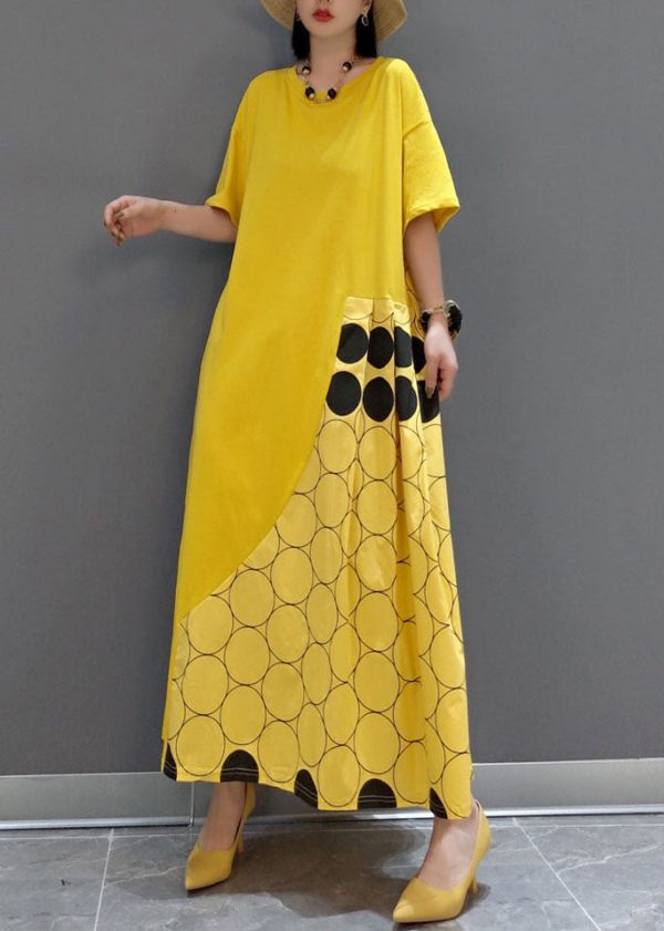 Italian Yellow O-Neck wrinkled Patchwork Maxi Dresses Spring - Image 2