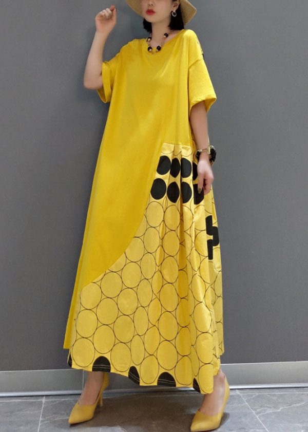 Italian Yellow O-Neck wrinkled Patchwork Maxi Dresses Spring - Image 3