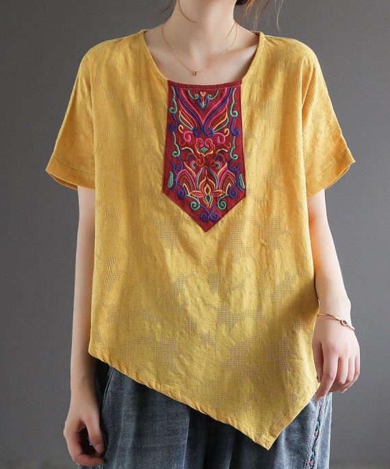 Italian Yellow Retro Embroideried Summer Shirt Short Sleeve