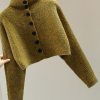 Italian Yellow Turtleneck Button Cotton Knitted Sweater Batwing Sleeve