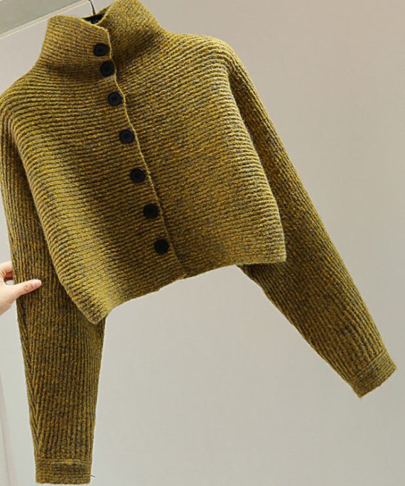 Italian Yellow Turtleneck Button Cotton Knitted Sweater Batwing Sleeve