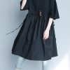 Italian black linen quilting dresses ruffles loose summer Dress