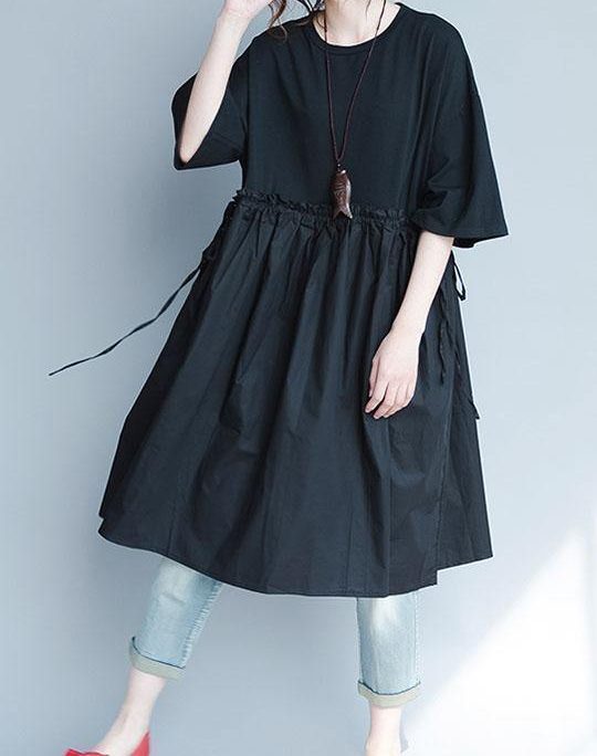 Italian black linen quilting dresses ruffles loose summer Dress