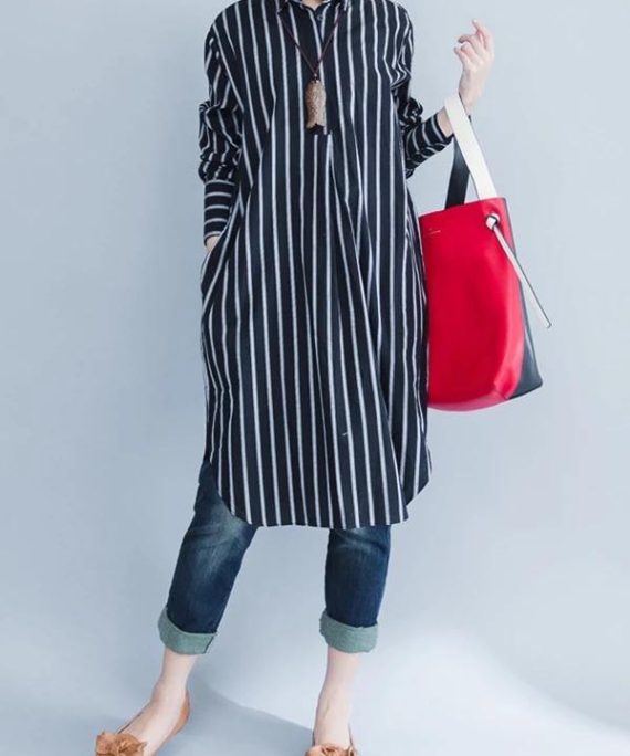 Italian black striped Cotton clothes lapel oversized shirt Dres
