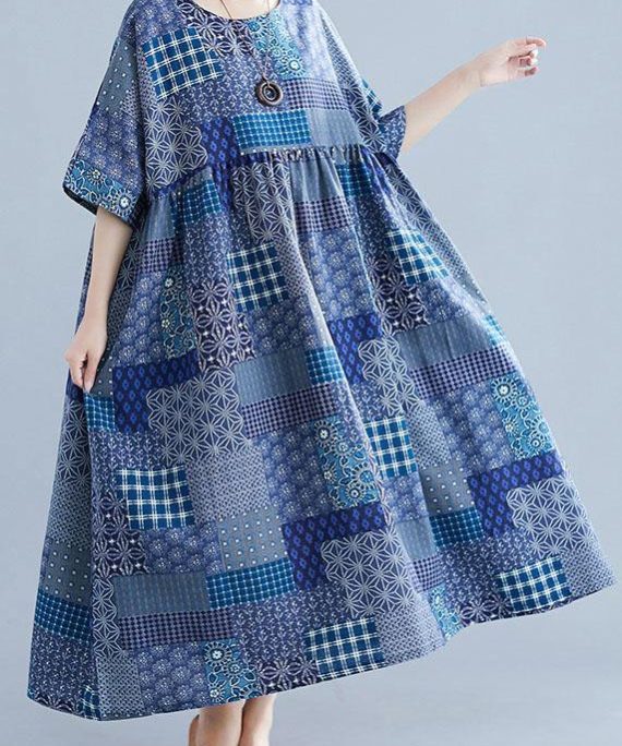 Italian navy plaid linen cotton clothes For Women o neck Cinched cotton Dress