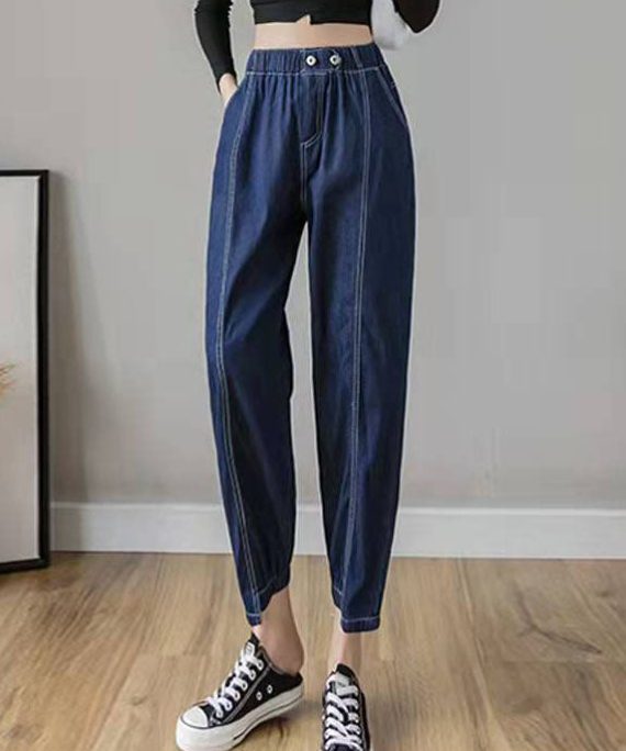 Italian Spring Casual Pants Stylish Denim Blue Photography Elastic Waist Patchwork Women Pants