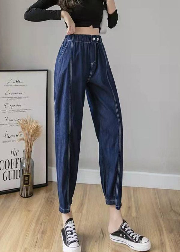 Italian Spring Casual Pants Stylish Denim Blue Photography Elastic Waist Patchwork Women Pants - Image 2