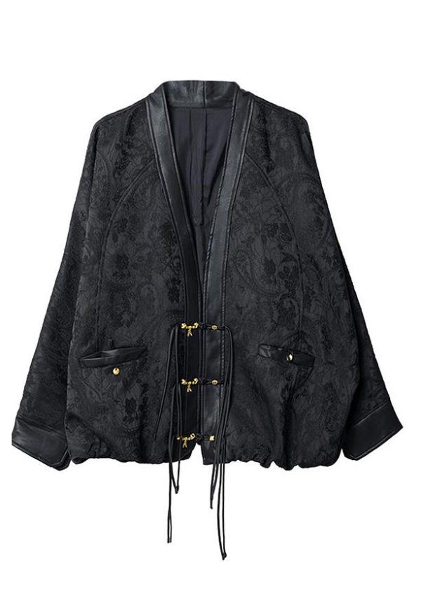 Jacquard Black V Neck Patchwork Coats Batwing Sleeve - Image 5